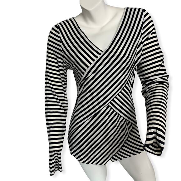 Vince Camuto black white striped long sleeve cross front wrap style top Large - Picture 1 of 9